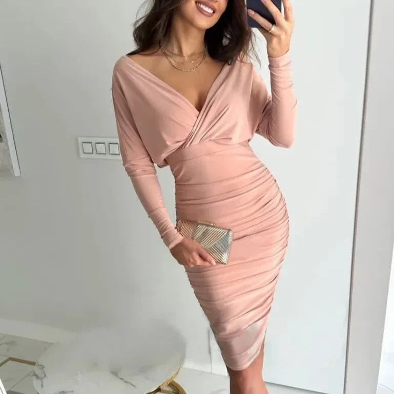 Elsa | Ruched Wrap V Neck Off Shoulder Long Sleeve Midi Date Night Cocktail Dress Ladies