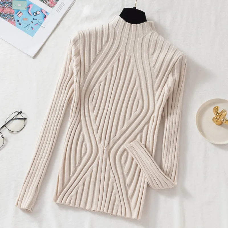 Rita | Ribbed Fitted Long Sleeve Striped High Neck Jumper Women