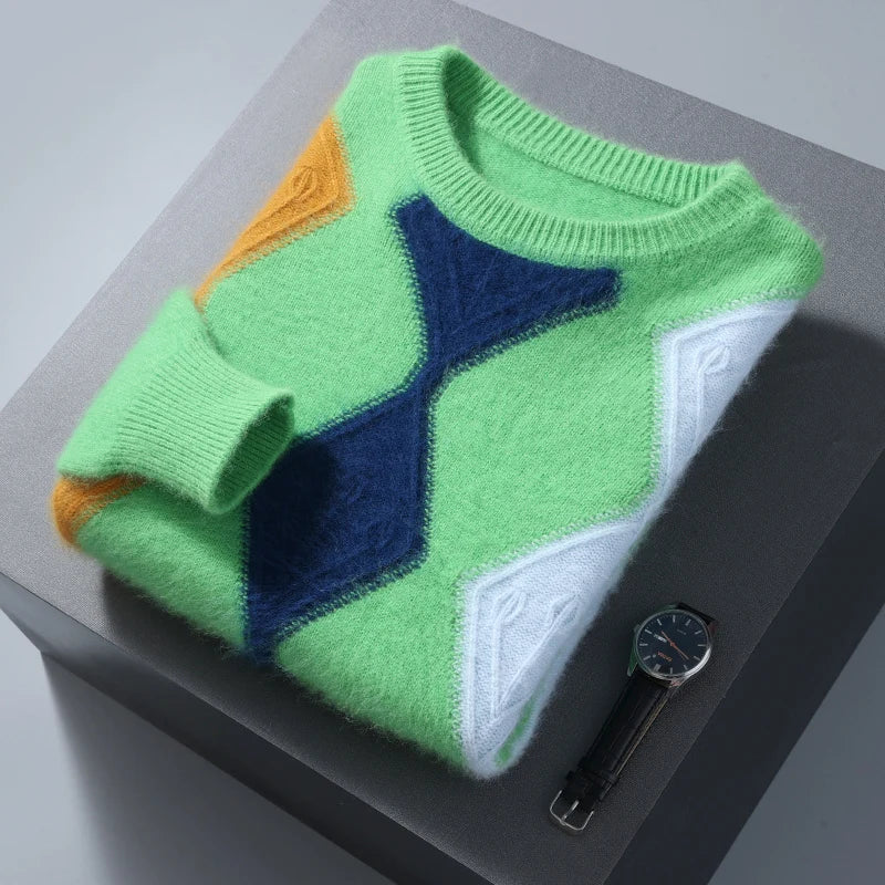 Men's Brushed Knit Argyle Sweater with Ribbed Cuffs | Savonti - Green