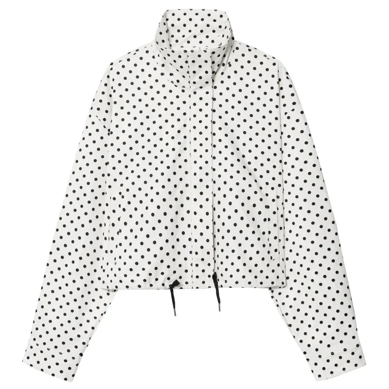 Etta | Polka Dot Drawstring Oversized Cropped Funnel Neck Zip Up Windbreaker Jacket Women