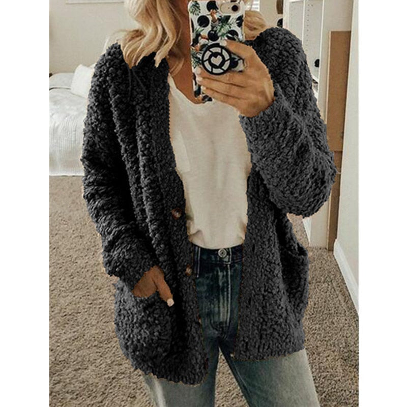 Lacey | Oversized Buttoned Borg Fleece Pocket Winter Long Jacket Teddy Coat Women