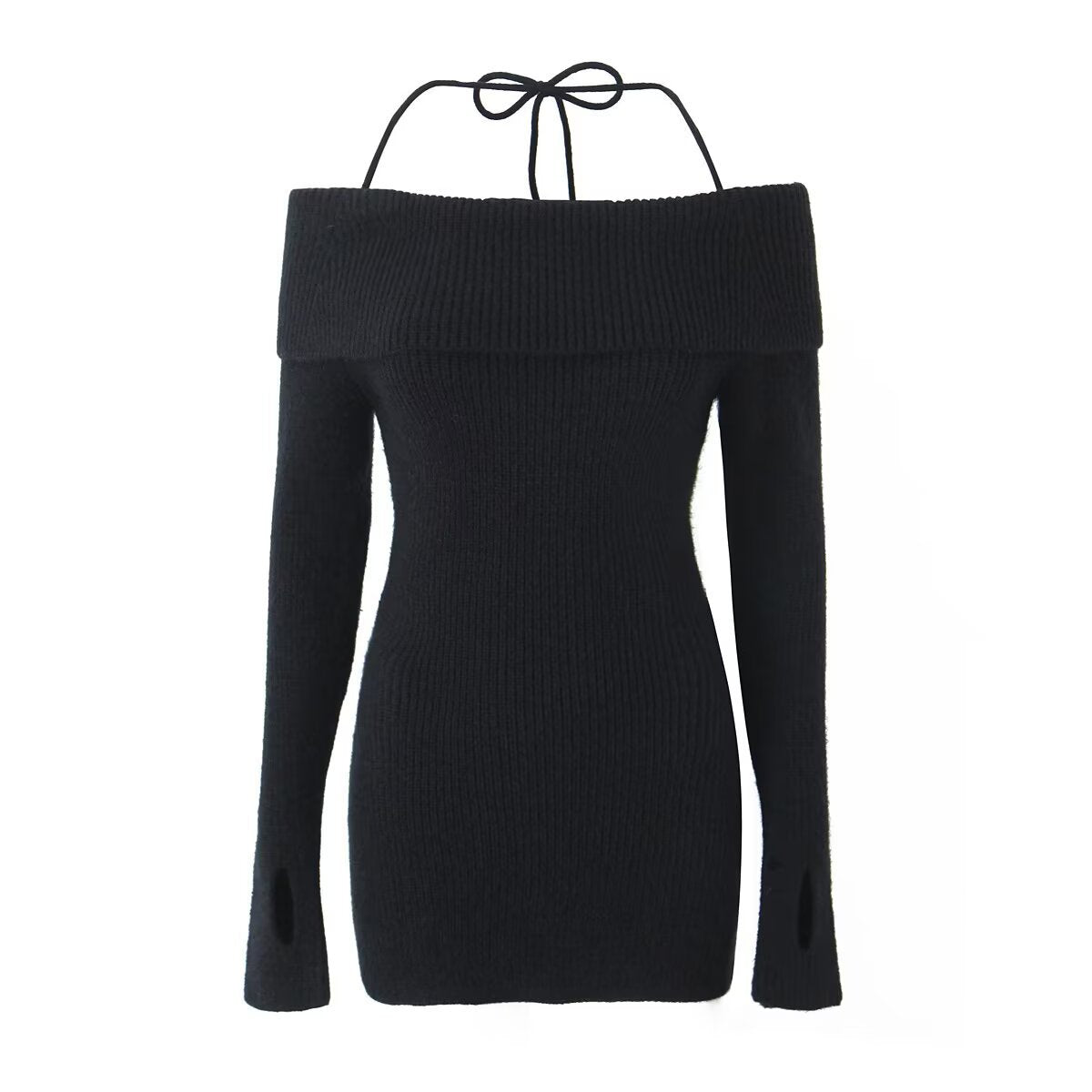 Hannah | Off Shoulder Halter Autumn Winter Long Sleeve Bodycon Ribbed Knit Mini Jumper Dress Women