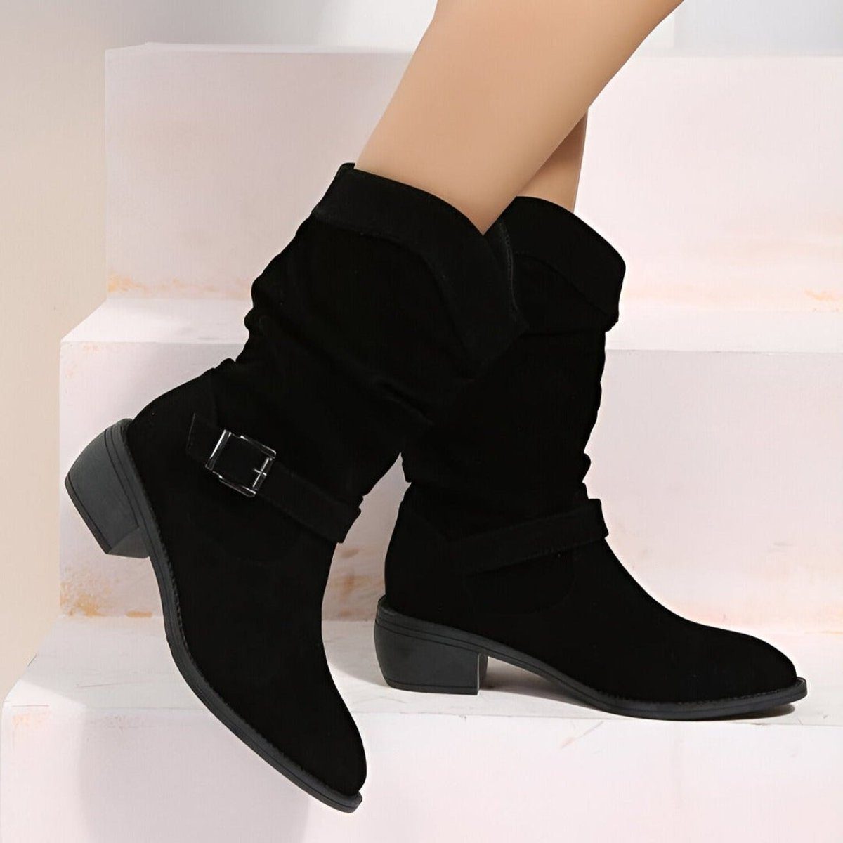 Olive | Faux Suede Almond Toe Zip Slouch Autumn Block Heeled Mid Calf Boots Women