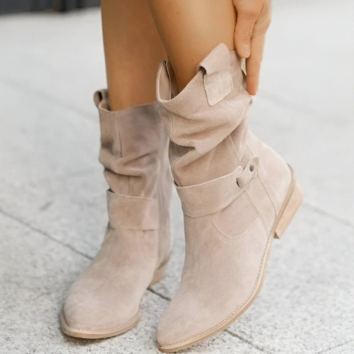 Olive | Faux Suede Almond Toe Zip Slouch Autumn Block Heeled Mid Calf Boots Women