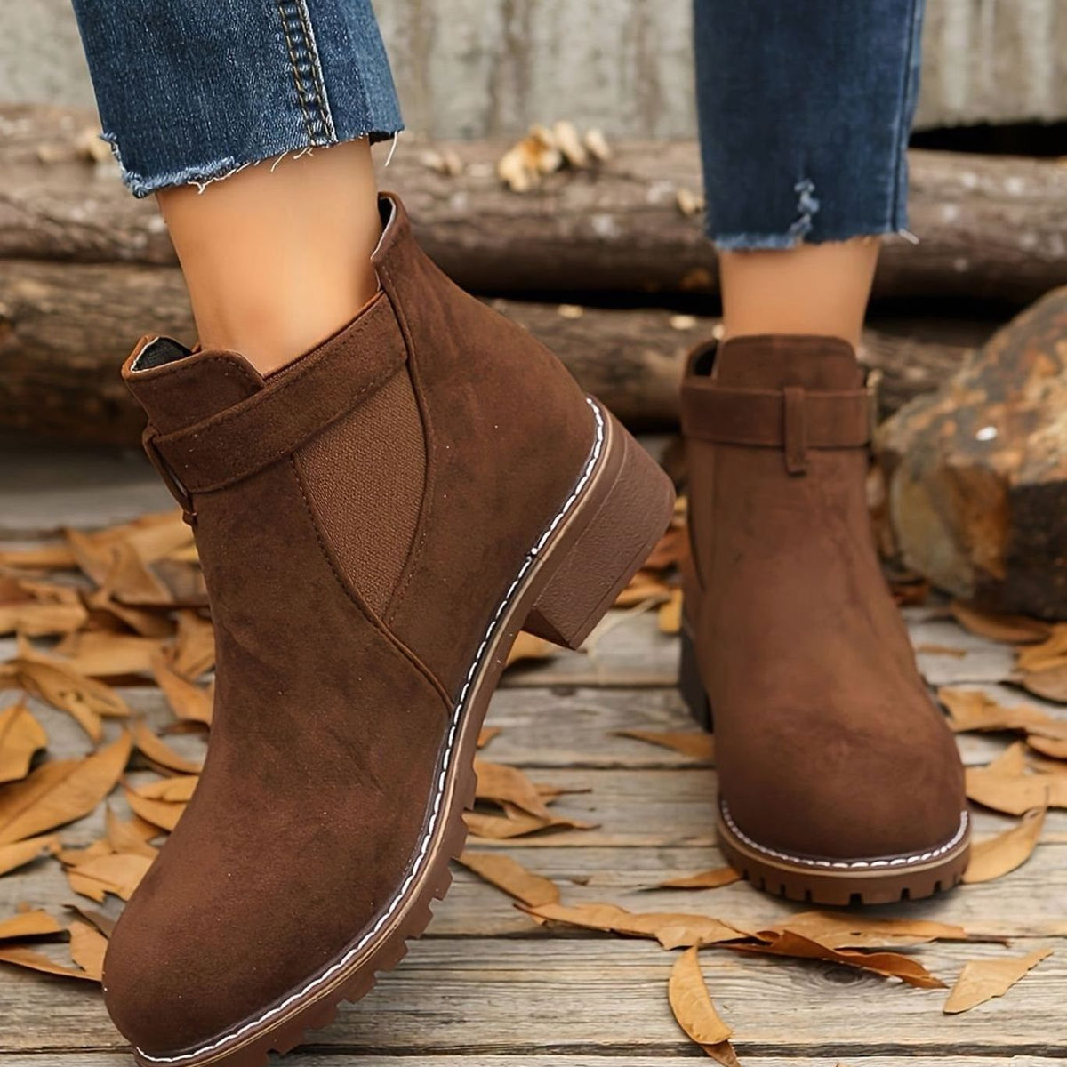 Kara | Buckle Round Toe Faux Suede Block Heel Lug Autumn Chelsea Boots Women