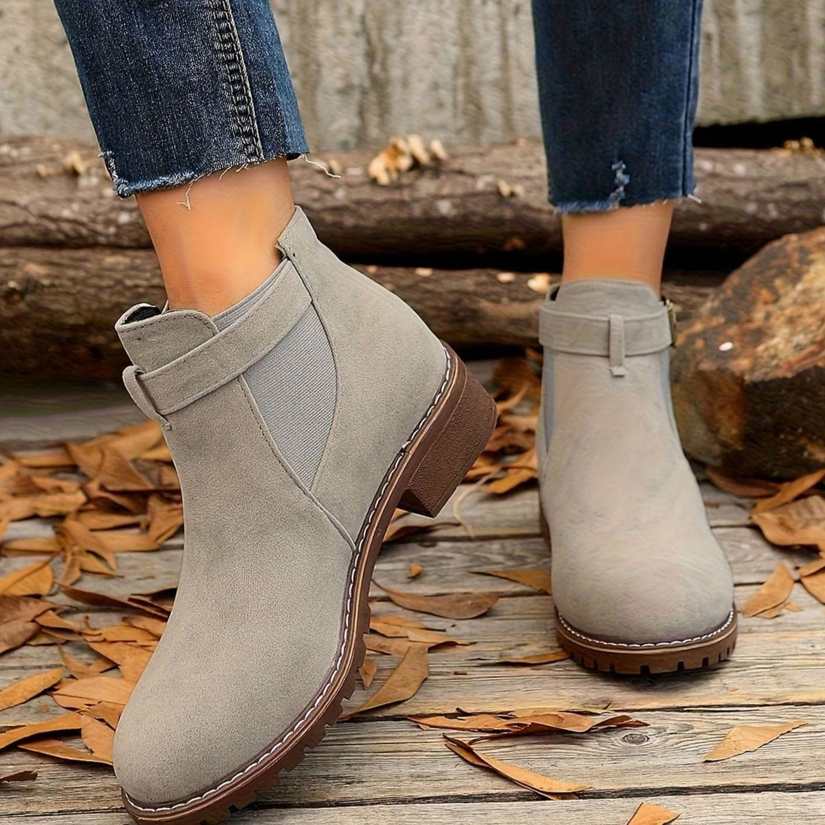 Kara | Buckle Round Toe Faux Suede Block Heel Lug Autumn Chelsea Boots Women