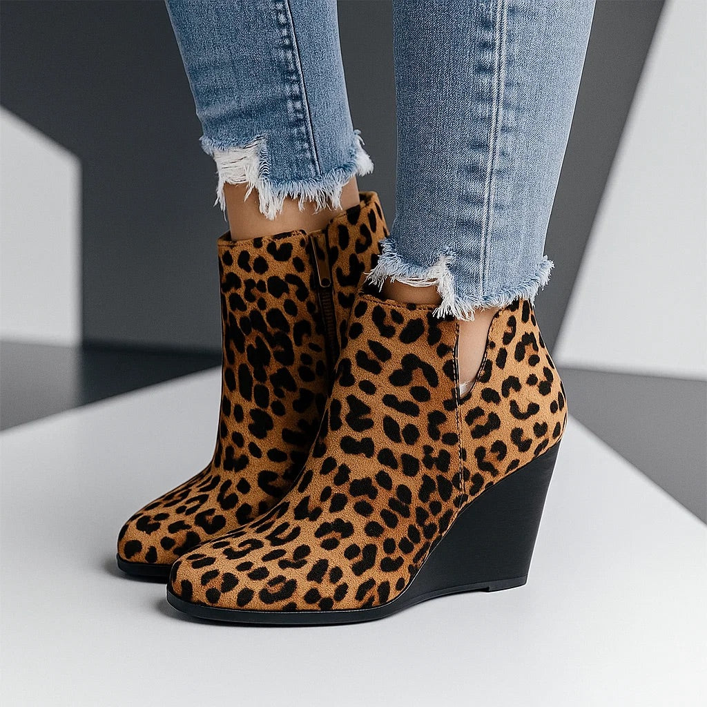 Tia | Wedge Cut Out Zip Up Autumn Smart Faux Suede Ankle Boots Women