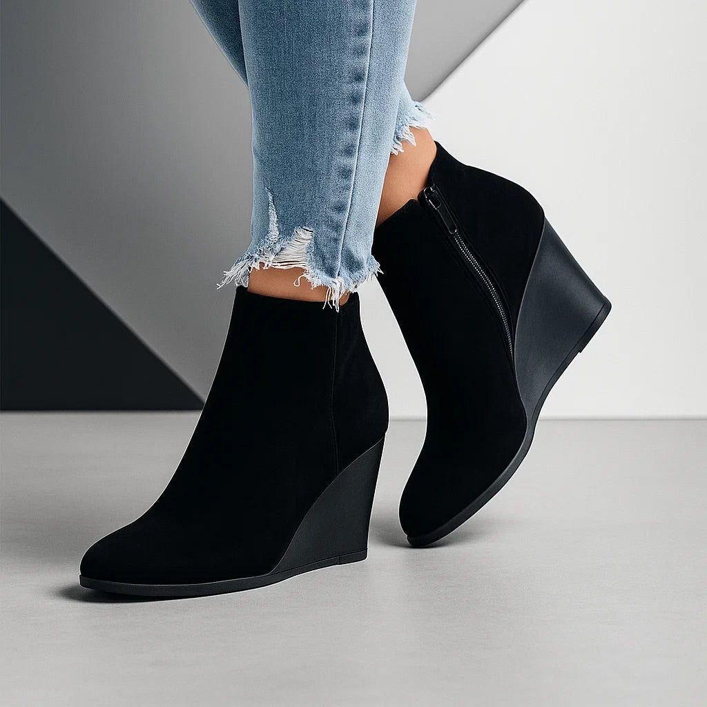 Tia | Wedge Cut Out Zip Up Autumn Smart Faux Suede Ankle Boots Women