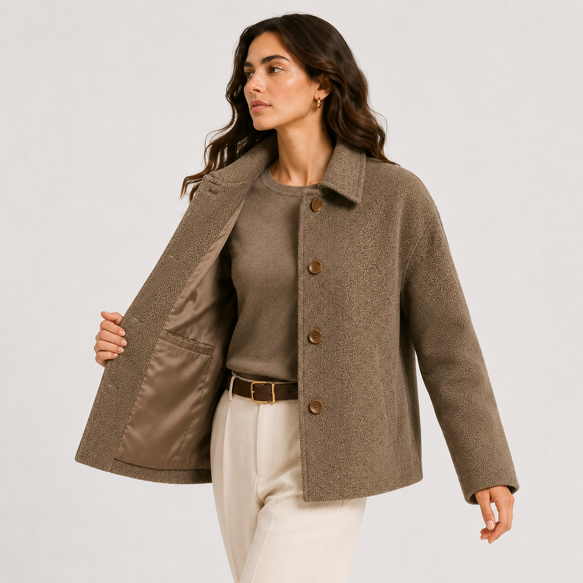 Relaxed Wool Look Jacket with Button Front - Taupe