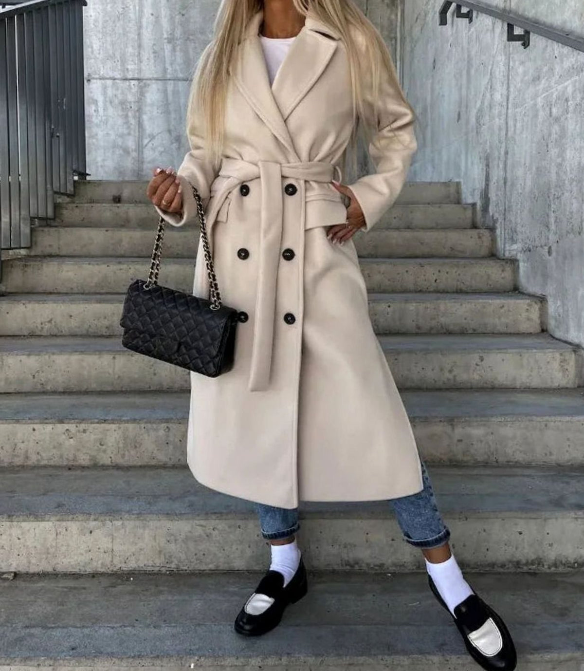 Long Double Breasted Wool Coat, Tailored - Dark Brown