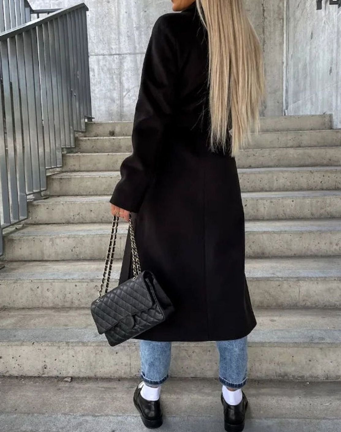 Long Double Breasted Wool Coat, Tailored - Dark Brown