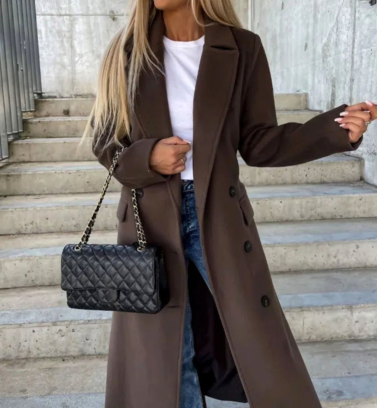Long Double Breasted Wool Coat, Tailored - Dark Brown
