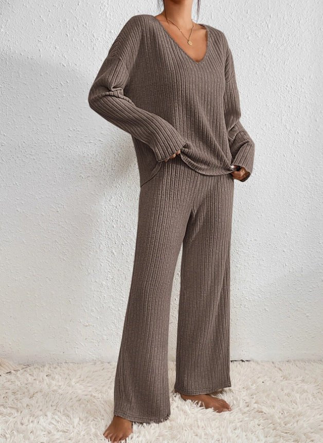 Two Piece Ribbed Knit Set, V-Neck and Wide Leg - Beige
