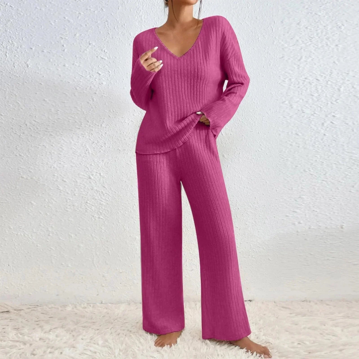 Two Piece Ribbed Knit Set, V-Neck and Wide Leg - Beige