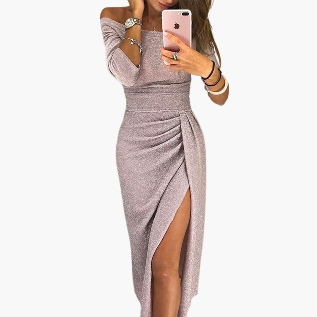 Livia | Off The Shoulder Glitter Knit Ruched Wrap Slit Party Evening Bodycon Midi Dress with Sleeves Women