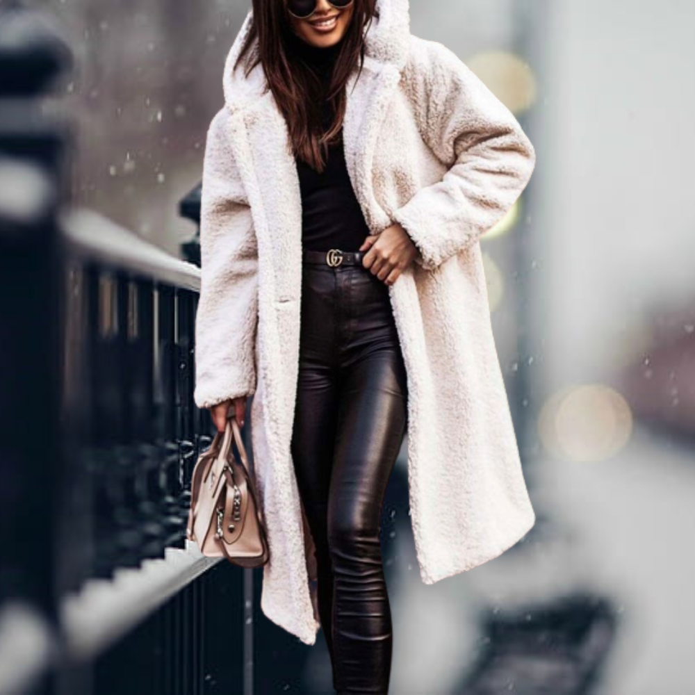 Sally | Oversized Hooded Lapel Collar Button Pocket Winter Long Teddy Coat Women