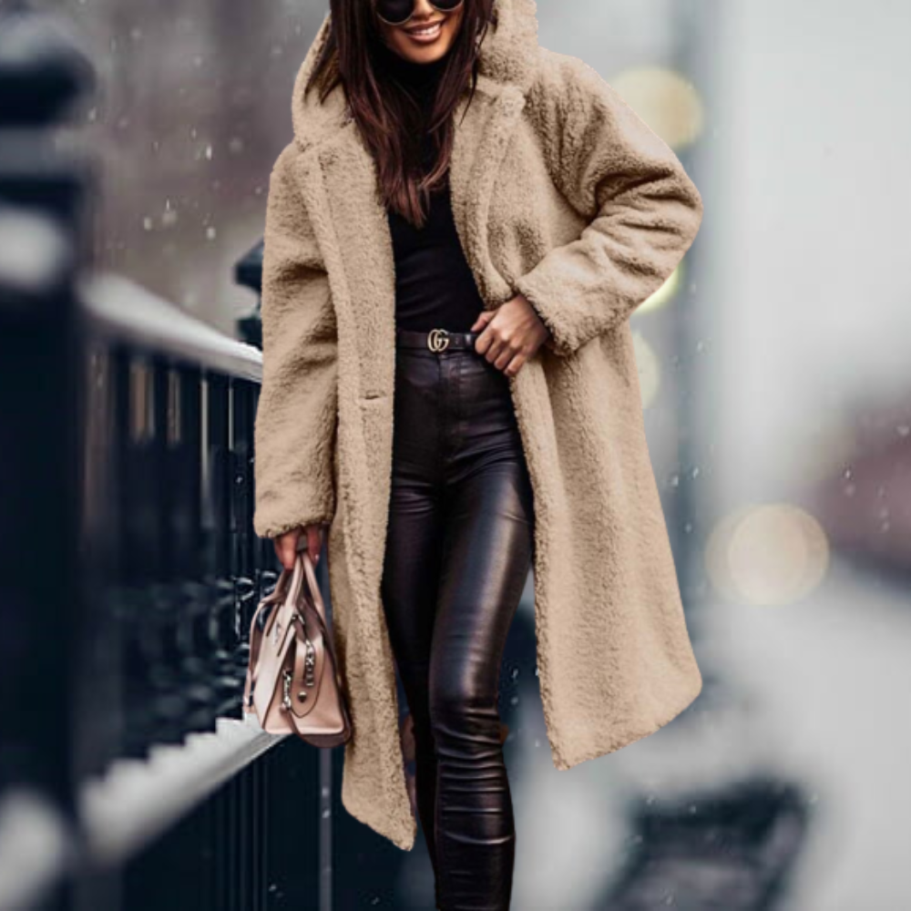 Sally | Oversized Hooded Lapel Collar Button Pocket Winter Long Teddy Coat Women