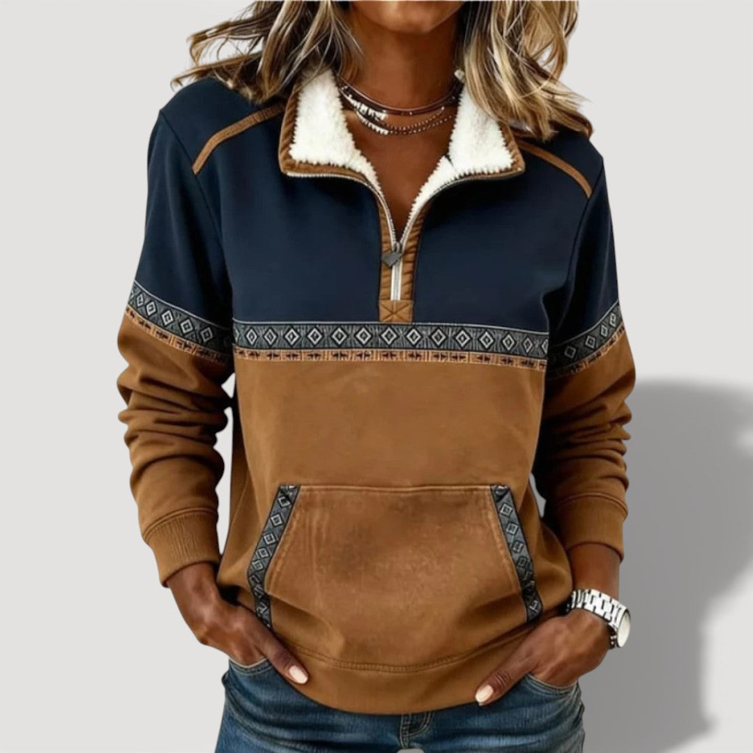 Bess | Colour Block Teddy Fleece Collared Quarter Zip Long Sleeve Pockets Autumn Winter Sweatshirt Women
