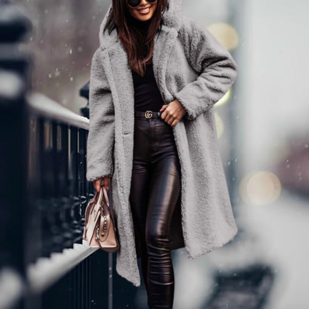Sally | Oversized Hooded Lapel Collar Button Pocket Winter Long Teddy Coat Women