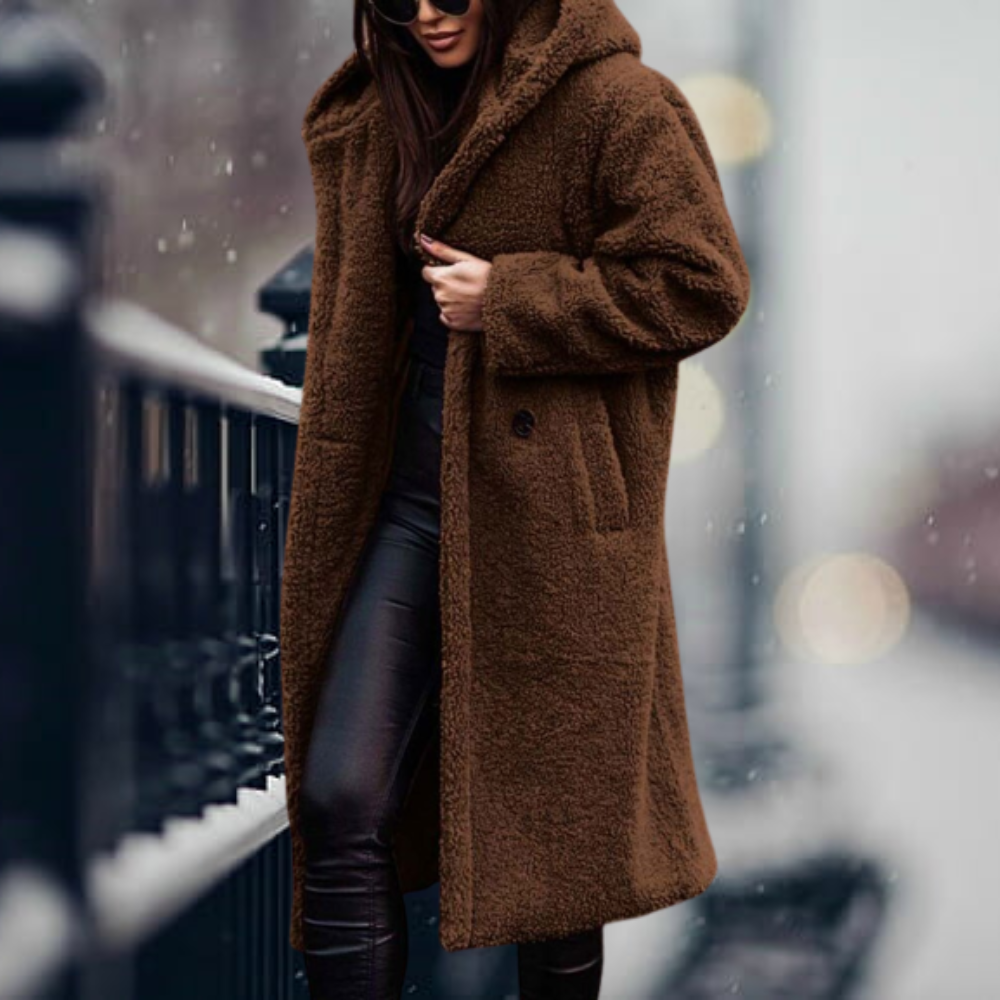 Sally | Oversized Hooded Lapel Collar Button Pocket Winter Long Teddy Coat Women