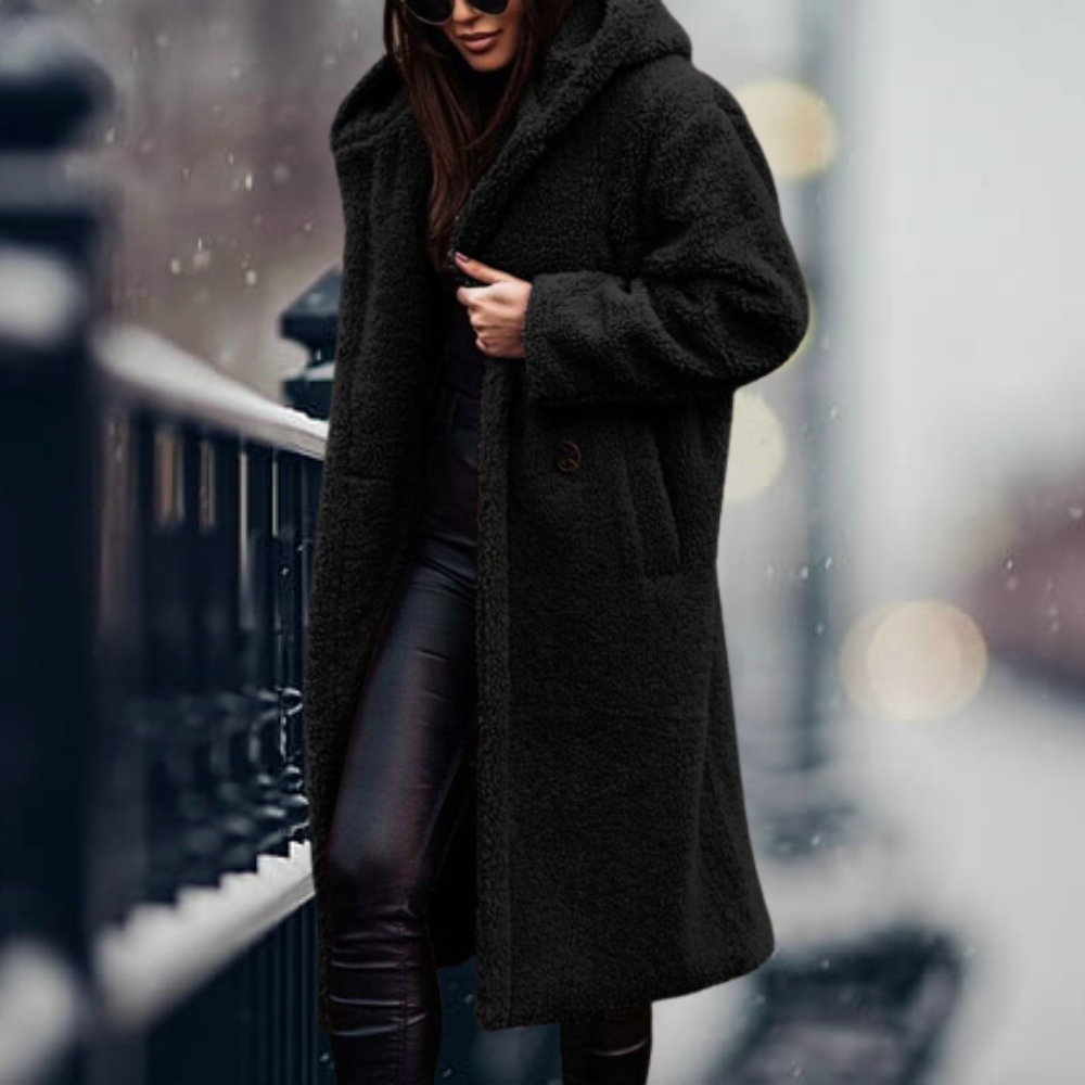 Sally | Oversized Hooded Lapel Collar Button Pocket Winter Long Teddy Coat Women