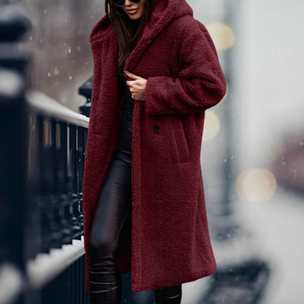 Sally | Oversized Hooded Lapel Collar Button Pocket Winter Long Teddy Coat Women