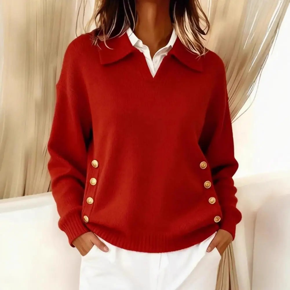 V-Neck Knit Sweater with Gold Button Cuffs - Royal Blue