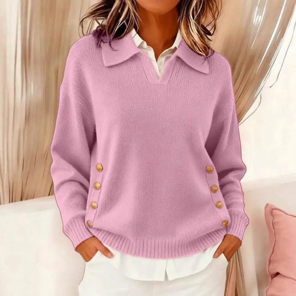 V-Neck Knit Sweater with Gold Button Cuffs - Royal Blue