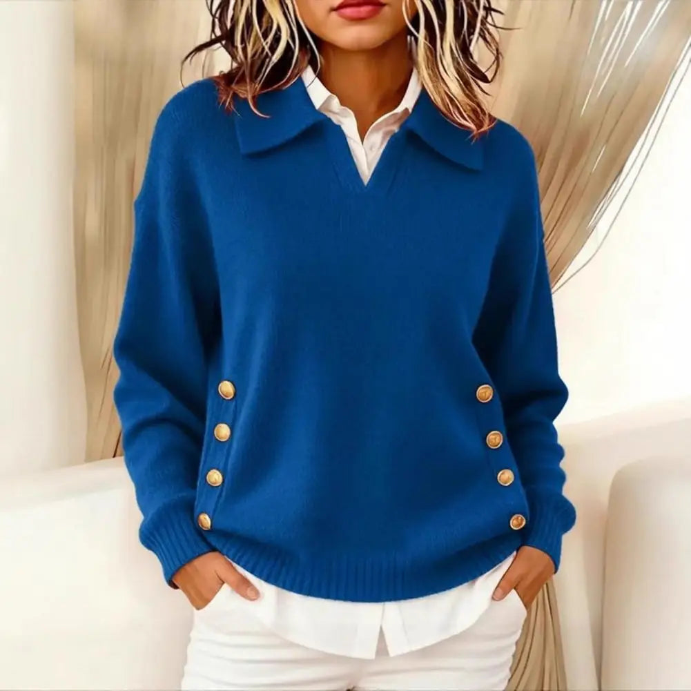 V-Neck Knit Sweater with Gold Button Cuffs - Royal Blue