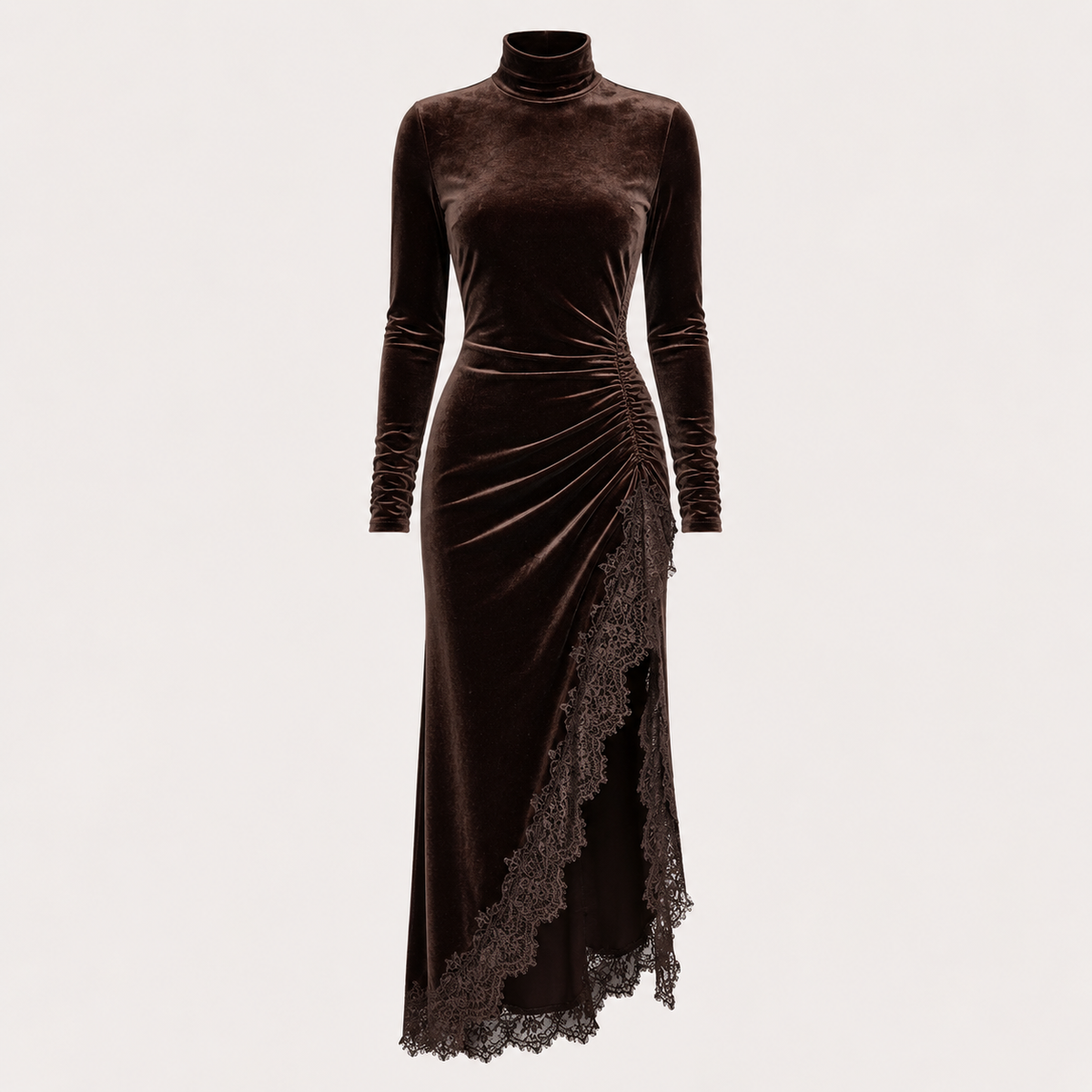 Niamh | High Neck Long Sleeve Ruched Velvet Slit Bodycon Maxi Christmas Occasion Evening Dress Women