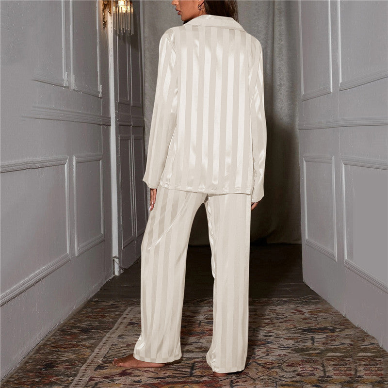 Erin | Striped Satin Button Up Long Sleeve Wide Leg Pockets Pyjamas Women