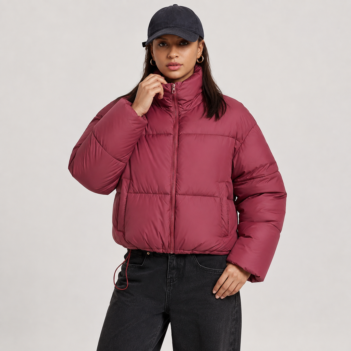 Chloe | Quilted Winter Oversized Funnel Neck Zip Up Cropped Puffer Jacket Women