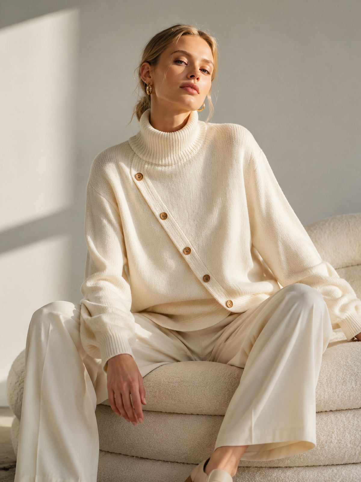 Oversized Turtleneck Sweater with Wood Buttons - Cream