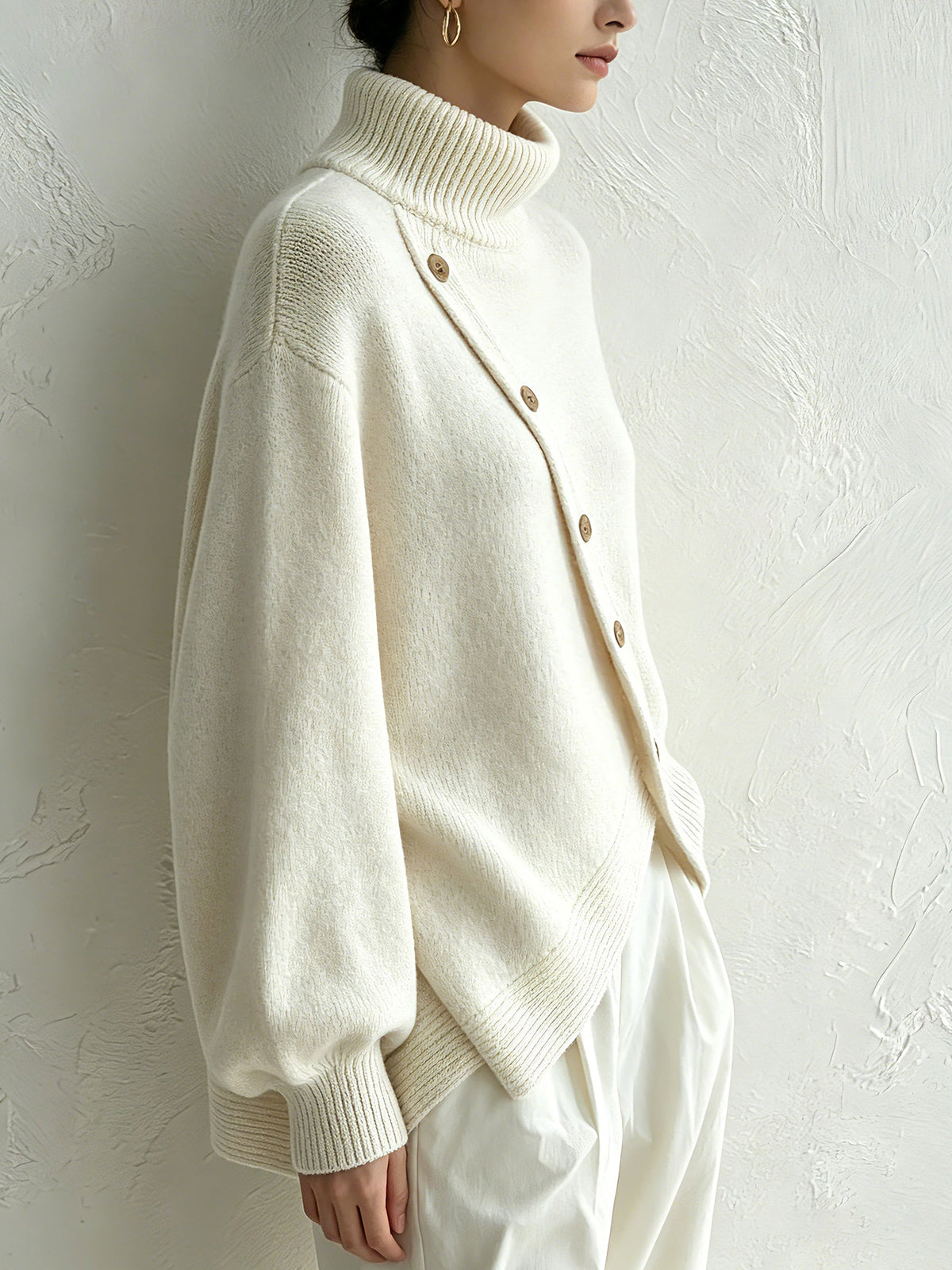 Oversized Turtleneck Sweater with Wood Buttons - Cream