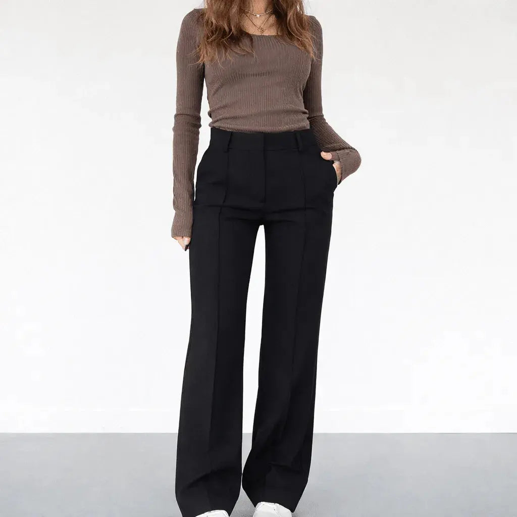 Joy | High Waisted Tailored Pockets Autumn Work Smart Wide Leg Trousers Women