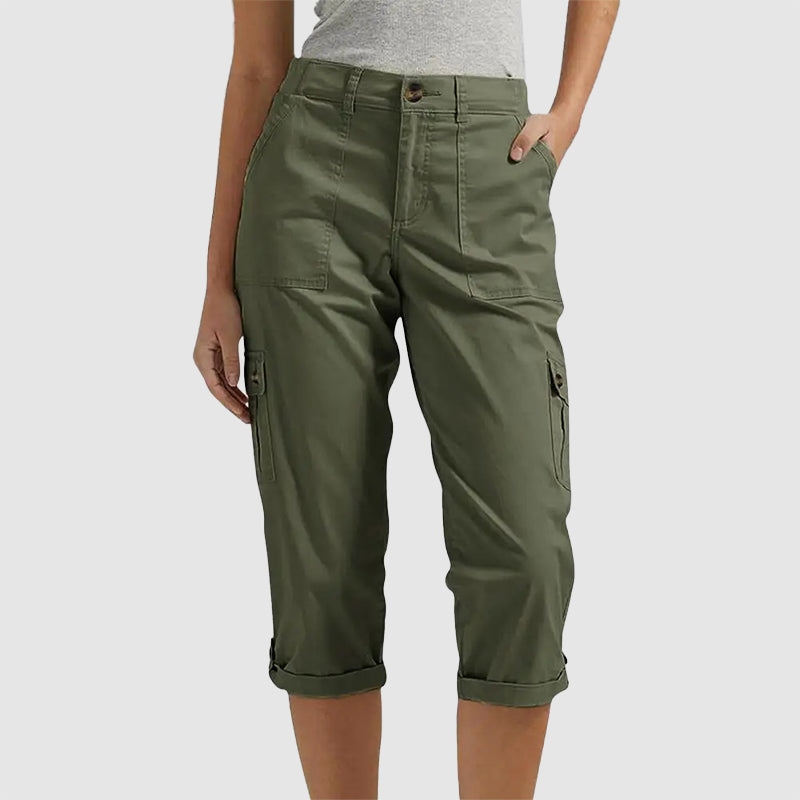 Lucy | High Waisted Turn Up Cuffed Cropped Straight Leg Cargo Trousers Women