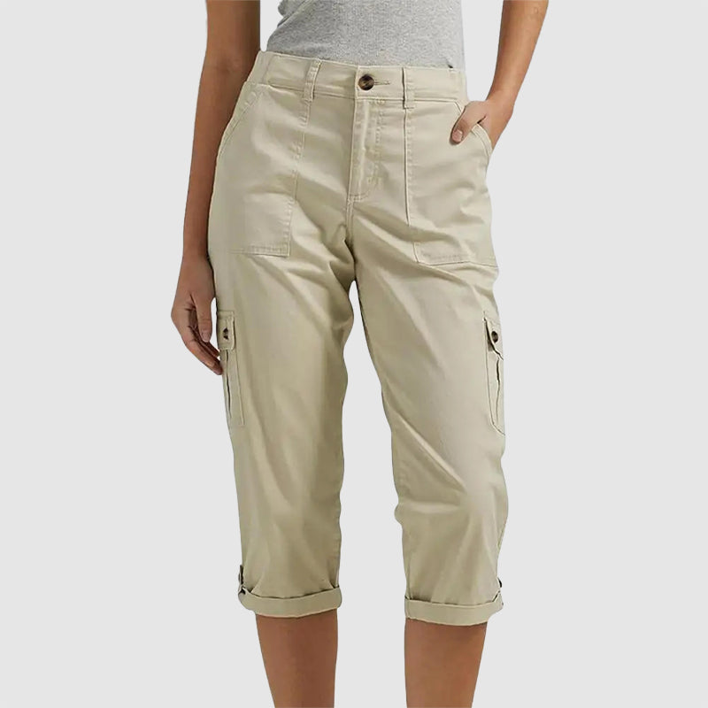 Lucy | High Waisted Turn Up Cuffed Cropped Straight Leg Cargo Trousers Women