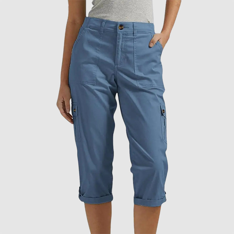 Lucy | High Waisted Turn Up Cuffed Cropped Straight Leg Cargo Trousers Women