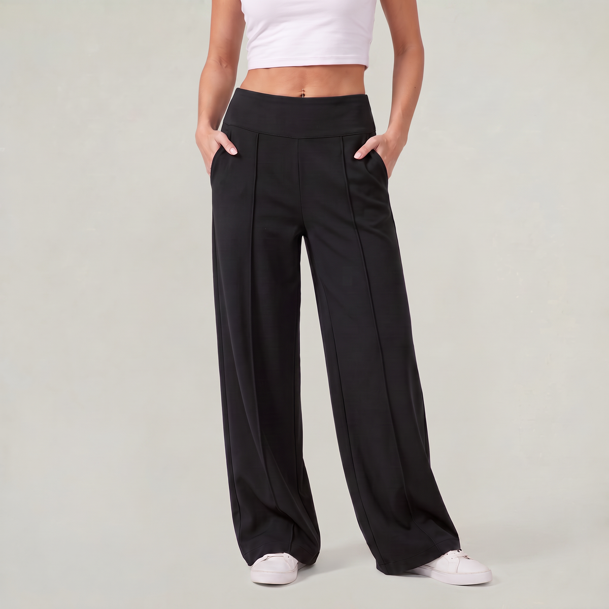 Gabi | Pleated High Waisted Jersey Flowy Autumn Smart Wide Leg Trousers Women