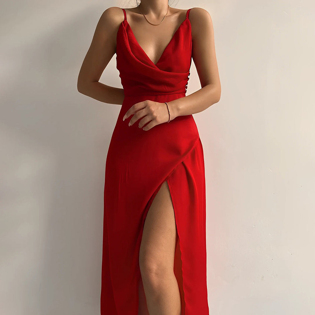 Penny | Satin Strappy V Neck Open Back Draped Ruched Slit Maxi Party Evening Dress Women