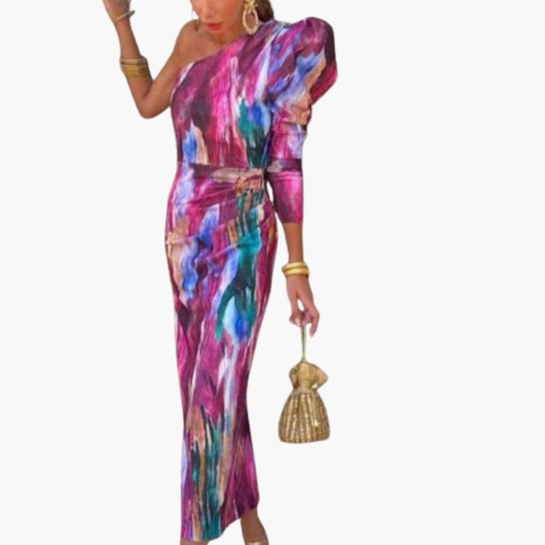 Alba | One Shoulder Puff Sleeve Ruched Draped Bodycon Abstract Maxi Evening Dress Women