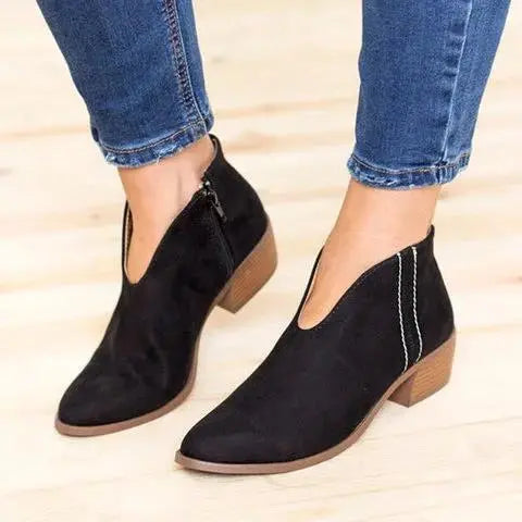 Raya | Cut Out Block Heeled Pointed Toe Faux Suede Ankle Boots Women