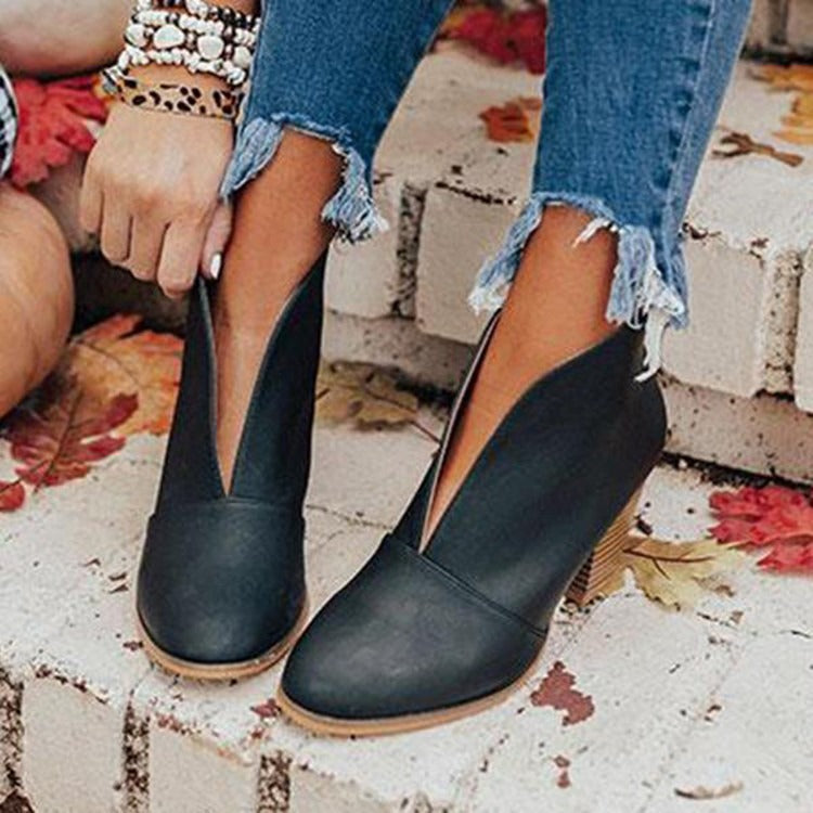 Fleur | Cut Out Block Heeled Pull On Faux Suede Ankle Boots Women