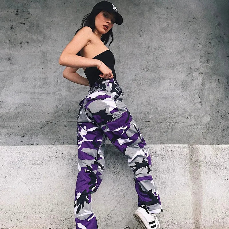 Paige | High Waisted Loose Straight Leg Camo Pocket Cargo Trousers Women