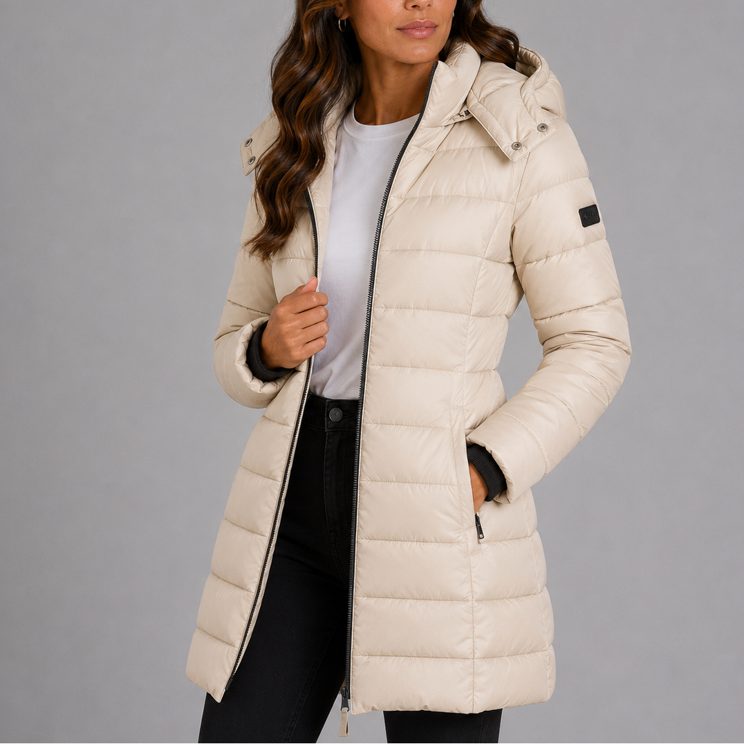 Katie | Winter Fitted Zip Up Hooded Mid Length Quilted Puffer Coat Women