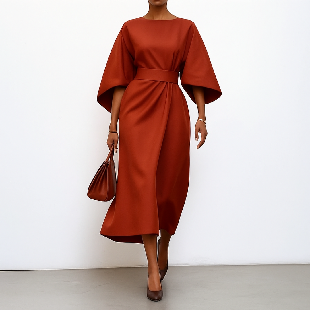 Tessa | Draped Belted Batwing Flowy Autumn Wedding Guest Dress Women