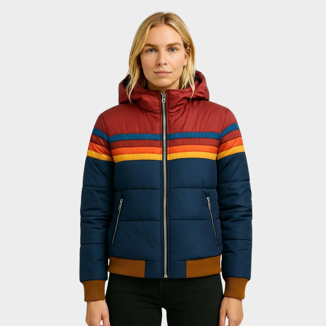 Darcy | Striped Quilted Hooded Zip Up Winter Bomber Jacket Women