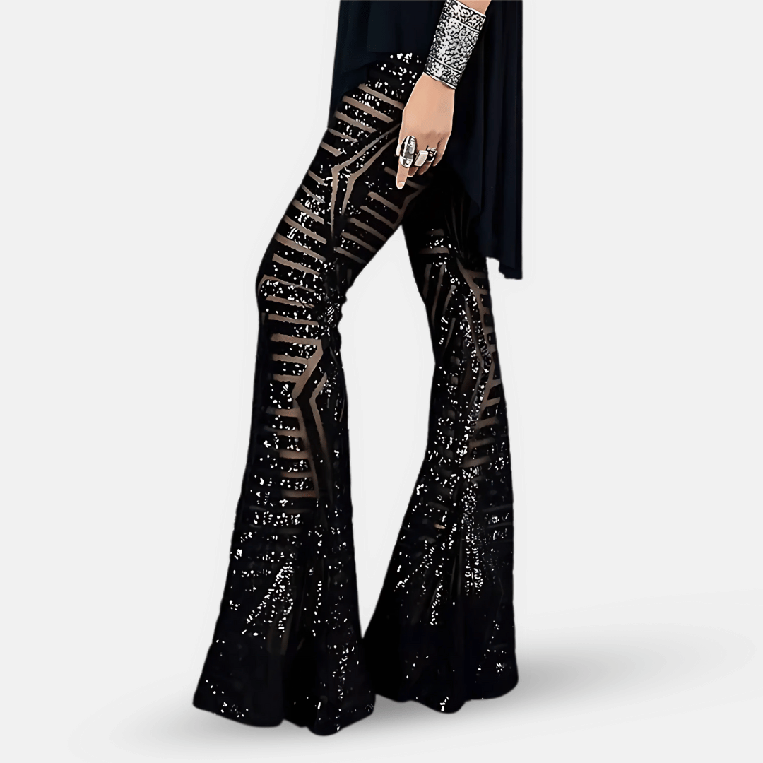 Dani | Sequin Embellished High Waisted Striped Mesh Flared Trousers Women