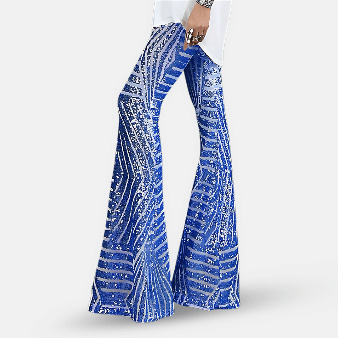 Dani | Sequin Embellished High Waisted Striped Mesh Flared Trousers Women