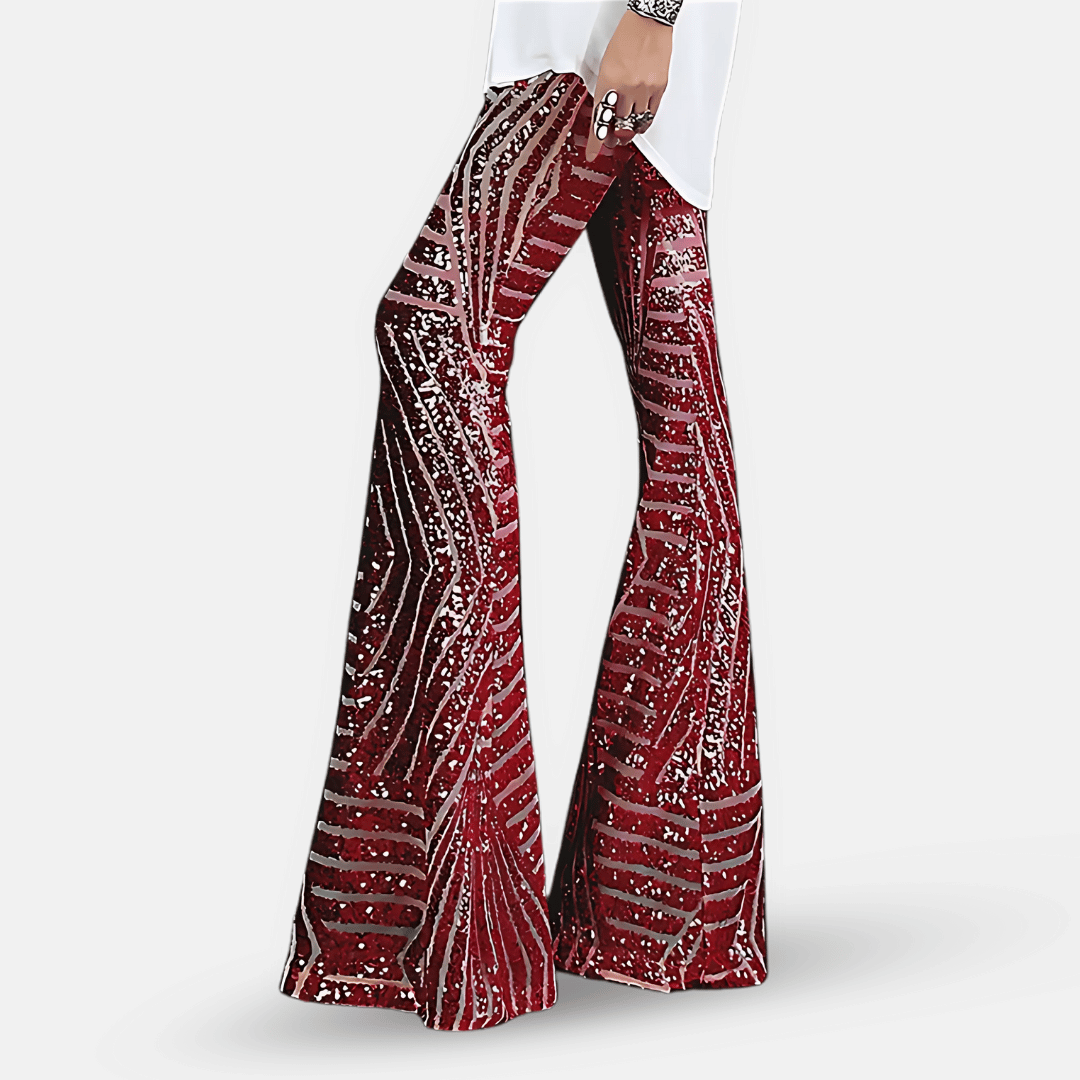 Dani | Sequin Embellished High Waisted Striped Mesh Flared Trousers Women